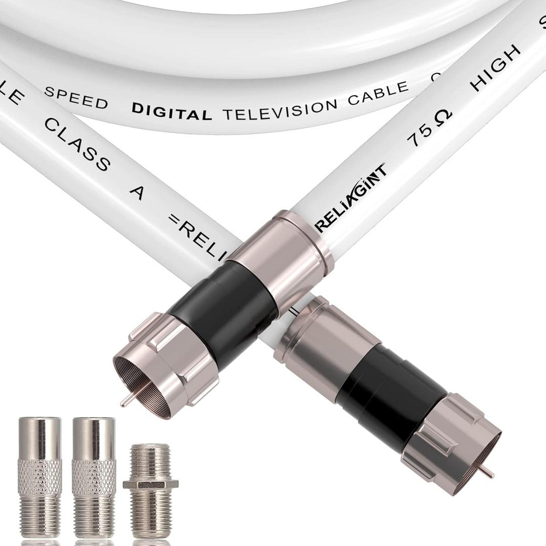 50ft White RG6 Coaxial Cable with F Connector, F81 Female Extension Adapter, Low Loss High-Speed Coax Cable Cord Extender for HD TV, Dish, Satellite, Antenna 50'