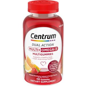 Centrum MultiGummies Multi+ Omega 3 Dual Action, Adult Multivitamin, Multivitamin/Multimineral/Omega 3 Supplement, Strawberry/Lemon/Orange Flavors - 110 Count