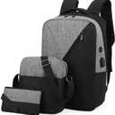 jupkem 3 Pieces Set 15.6 Inch Laptop Backpack Water Resistant Lightweight Travel Backpacks Casual Business Work Daypack (Black and Grey)