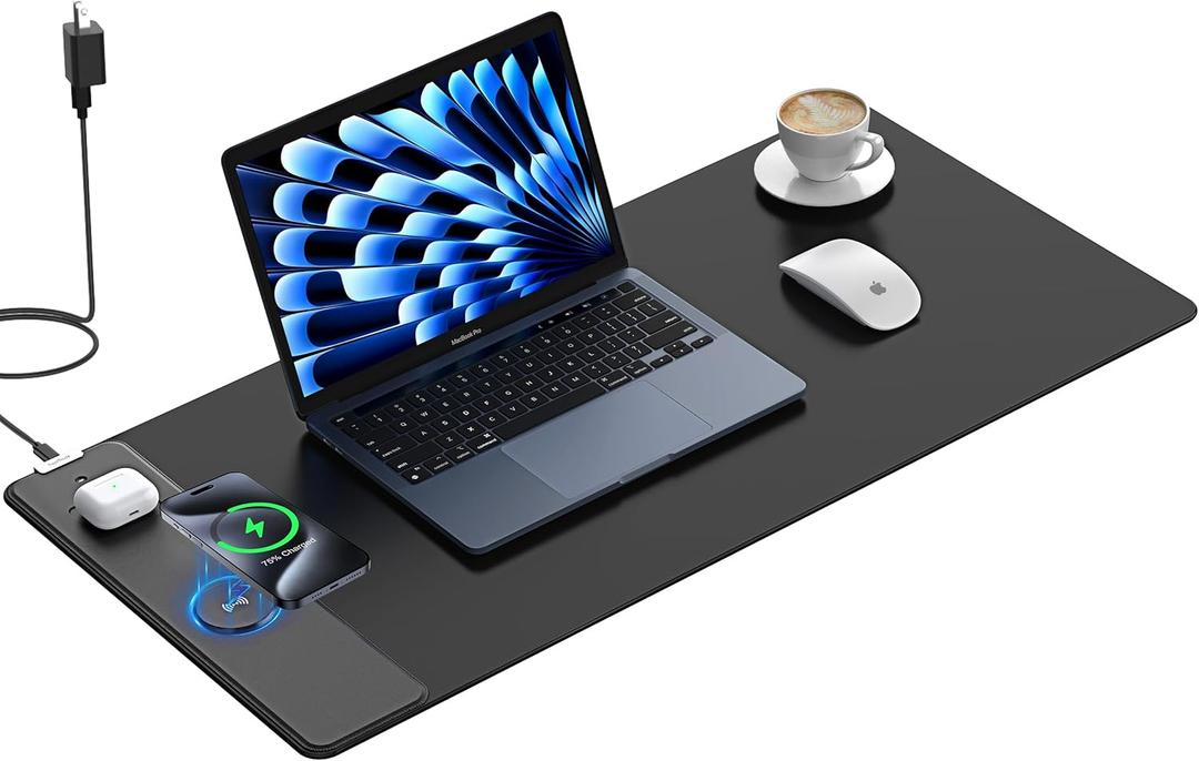 TopMade Wireless Charging Mouse Pad, Gaming Mousepad Home Office Large Desk Pad with Ultra-Smooth Surface, Non-Slip Base, Waterproof Keyboard Mat (Includes 20W PD Power Adapter & 6.56ft Woven Cable) (Black-31.5"x15.8"-with Adapter)