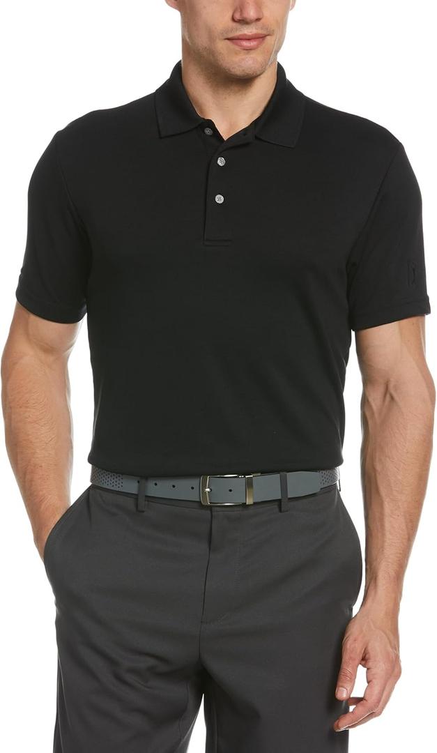 PGA Tour Men's Airflux Solid Mesh Short Sleeve Classic Golf Polo Shirt (Black, XXXL)