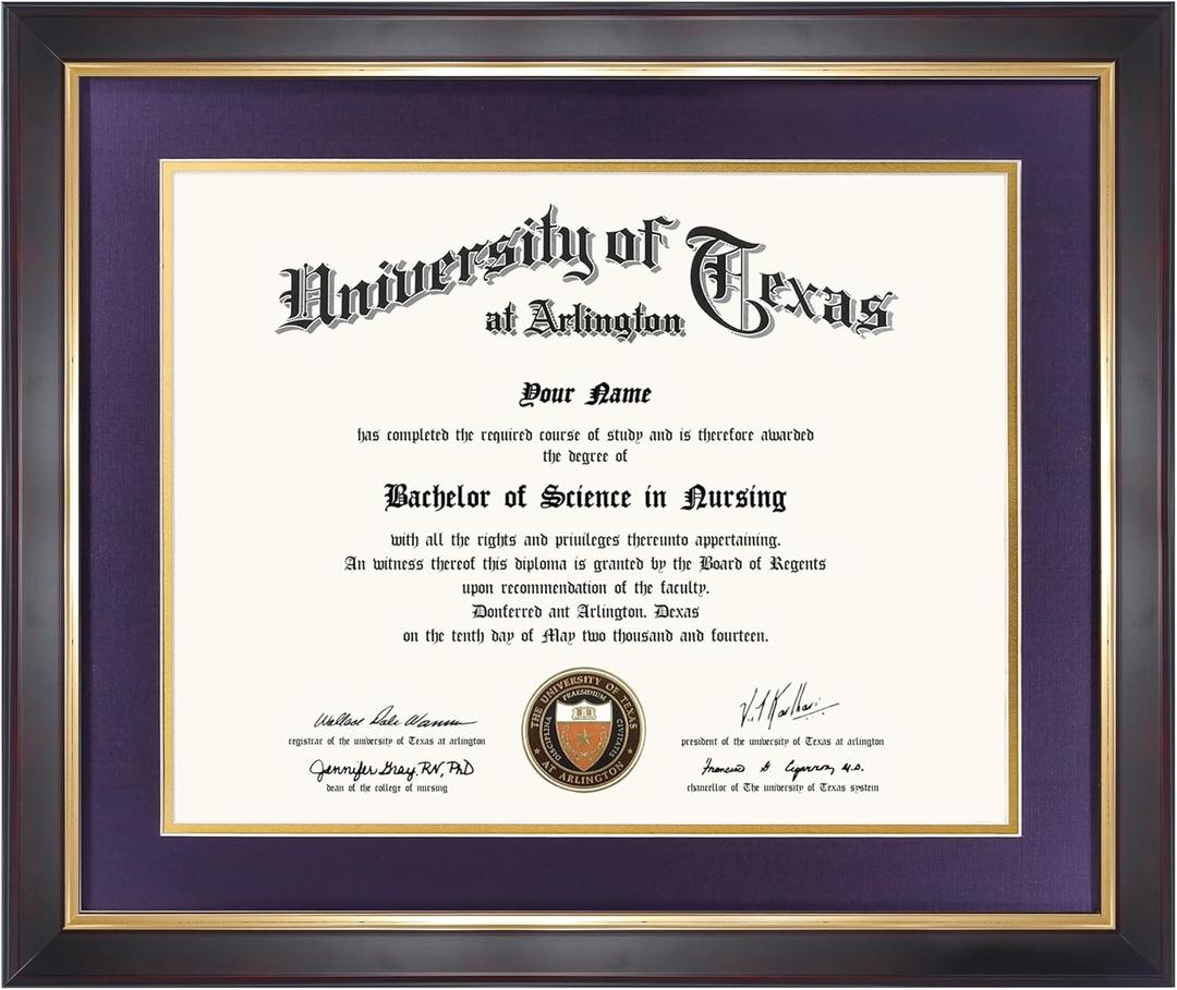 GMFrames 11x14 Wood Diploma Frame with Purple Mat or Display 14x17 Certificates without Mat,UV Protection Acrylic,Deep Brown Finish with Gold Trim