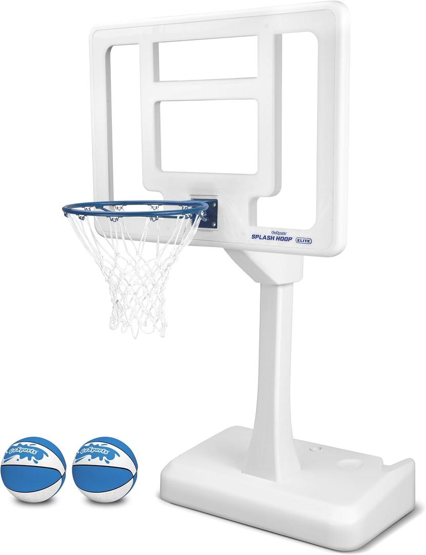 GoSports Splash Hoop Elite - Adjustable Height or Fixed Post - Pool Hoop Basketball Game with Water Weighted Base, Regulation Steel Rim and 2 Pool Basketballs (One Size)