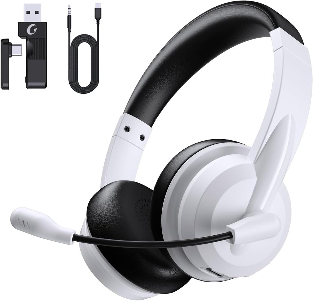 Wireless Headset with Mic for Work with AI Noise Cancelling Mic for Clear Calls, Bluetooth V5.3 Headphones with Microphone to USB A/C Dongle & Mic Mute for Computer Laptop PC iPhone (Black White)