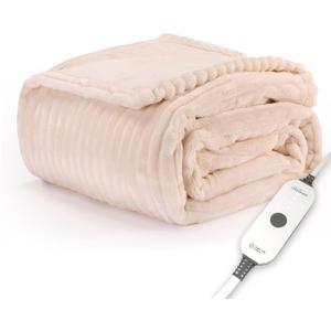 Sunbeam Electric Throw Royal Posh Velvet Heated Blanket, 4 Heat Settings, 4-Hour Auto Shut-Off, Fast Heating, Lush, Silky, and Ultra Comfy, Ribbed Champagne Color, 50" x 60"