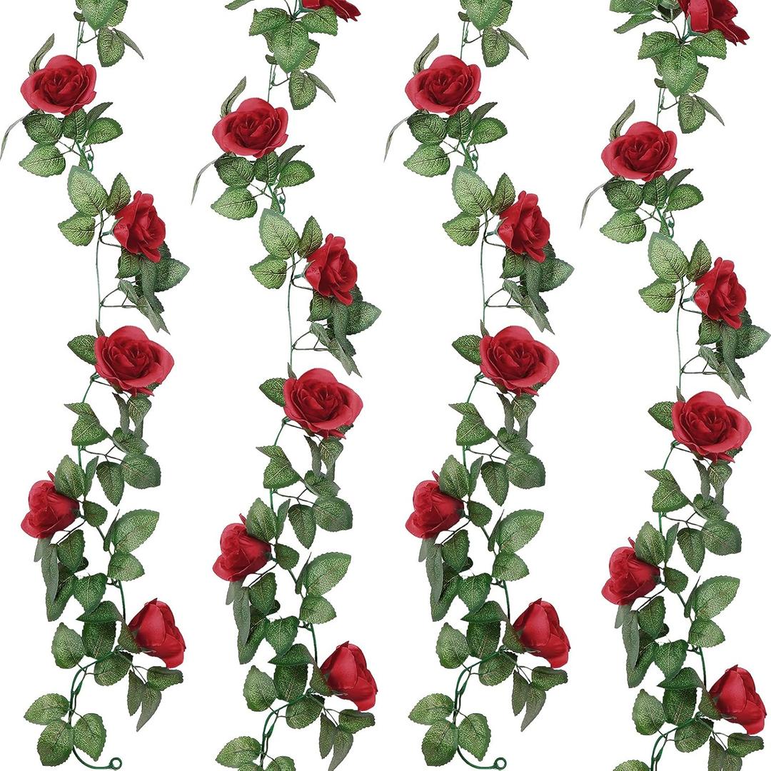 Syhood Artificial Rose Garlands Rose Vines Leaves Banners Hanging Fake Floral Garland Flower Vine for Wedding Arch Ceremony Home Garden Outdoor Party Wall Decorations, 14.4 ft(Red,2 Pieces)
