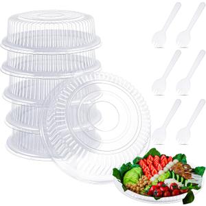 Tessco 6 Pack Plastic Serving Platters with Lid and Sporks, Disposable Heavy Duty Party Tray Round Catering Tray Containers for Food Salad Sandwich Takeout Picnic Supplies(12 Inch,White)