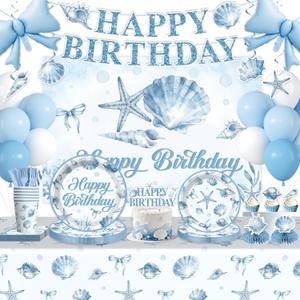 Seashell Birthday Decorations, Blue Coastal Beach Party Decorations All-in-One Set Serves 25, 233PCS Ocean Theme Supplies with Banner Backdrop Tableware Tablecloth Balloons Cake & Cupcake Toppers
