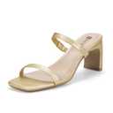 IDIFU Gold Low Block Chunky Heels Metallic Square Open Toe Slides Heeled Sandals Sexy Wedding Prom Party Dress Shoes Mule Short Heels (Gold Pu 6), Size 6