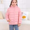 Lovekider Girls Warm Coat Size 8-9 Packable Zip Up Puffer Down-alternative Jacket Cute Hooded Coats Outwear with Pockets, Pink