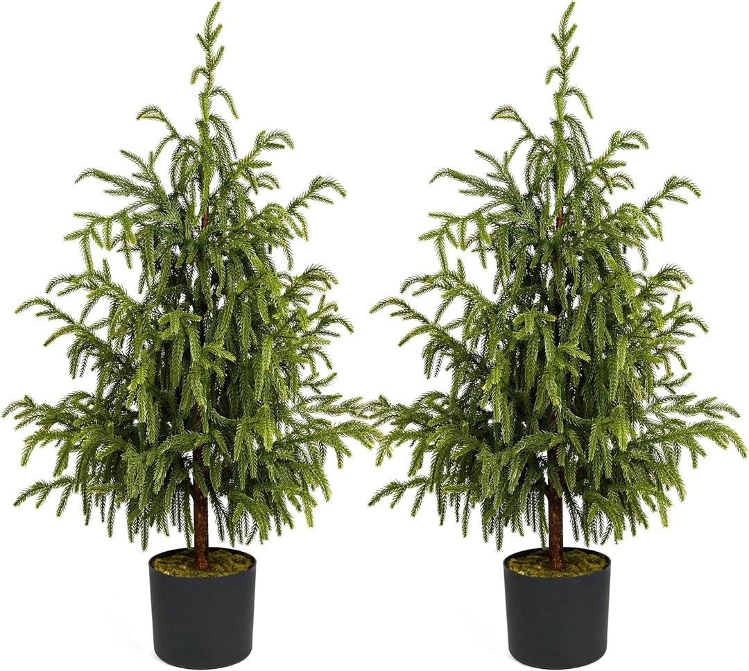 Artificial Norfolk Pine Tree - 3FT / 90CM 2 Pack Faux Christmas Tree Potted Plants Real Touch for Indoor Outdoor Home Front Porch Christmas Decor