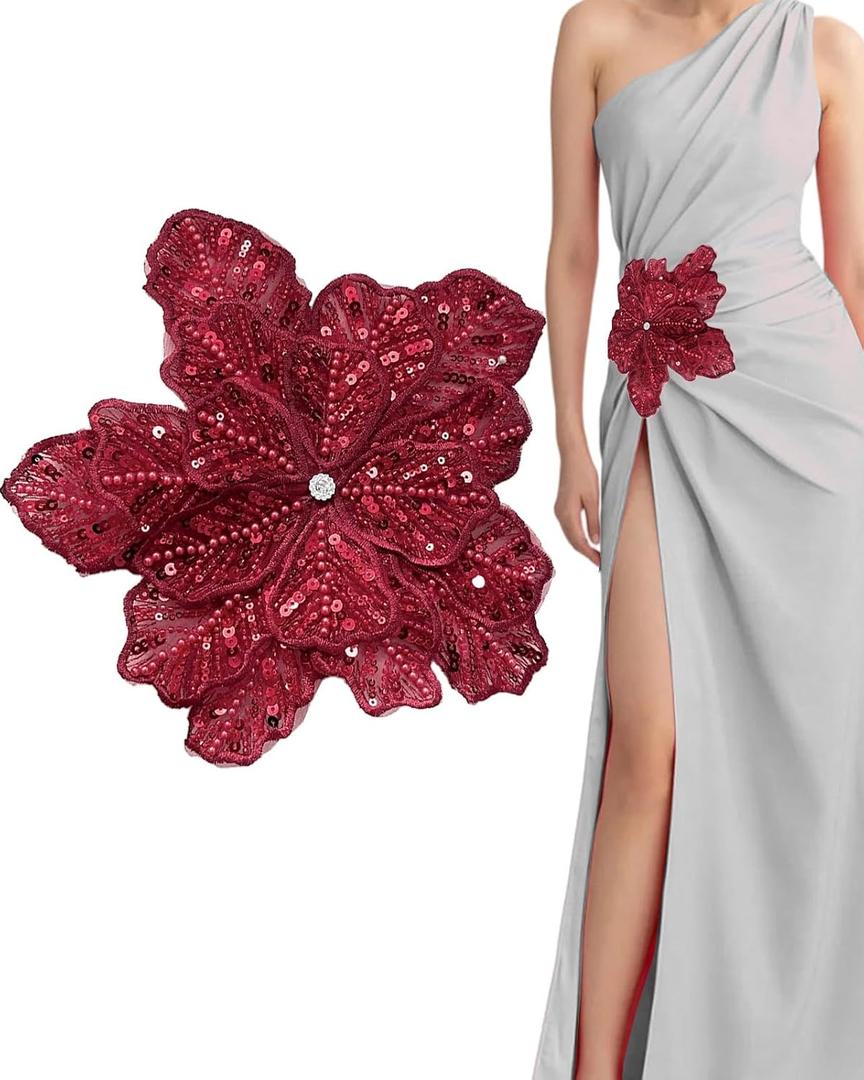 1pc Handmade Large Flower Rhinestone Applique for Clothes, Sparkly Sequin Beaded Patches for Wedding Dress, Embroidery Lace Sewing Patches for Bodice Hat Jean Jacket (Burgundy)