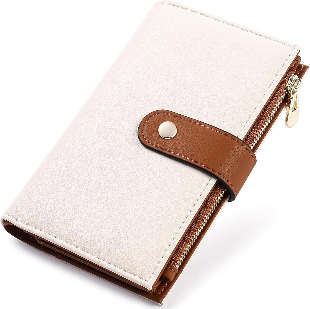 Women's Wallets RFID Blocking Leather Trifold Clutch Wallet Credit Card Holder Ladies Travel Wallet Purse with Pen Holder (1Beige&Brown)