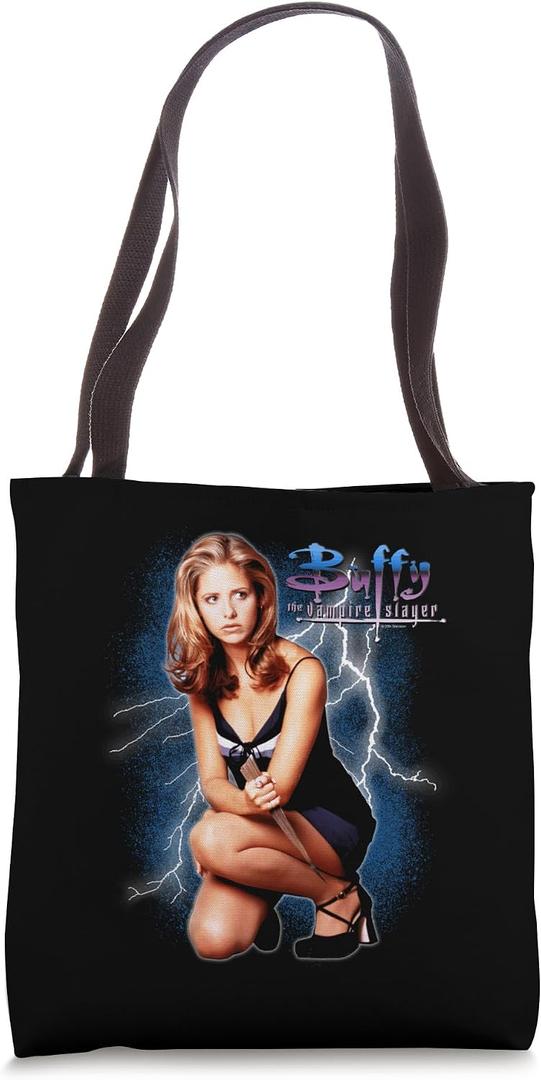 Buffy the Vampire Slayer Lightning and Logo Buffy TV Show Tote Bag (Black, M)