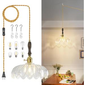 Modern Clear Plug in Glass Pendant Light Retro Flower Glass Hanging Lamp Gold Brass Decorative Adjustable Ceiling Hanging Light Suitable for Kitchen Island Bedroom Dining Room Living Room