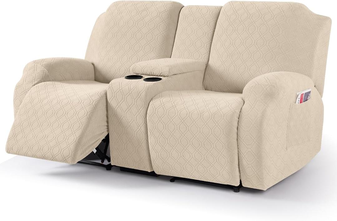 VANSOFY Recliner Loveseat Cover with Middle Console Stretch Reclining Sofa Slipcover for 2 Seat Jacquard Reclining Couch Sofa Covers Furniture Protector with Elastic Straps Bottom (Cream)