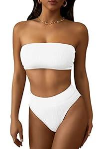 Pink Queen Women's High Waisted Bikini Set 2 Piece Ribbed High Cut Bandeau Swimsuit Bathing Suit White XL