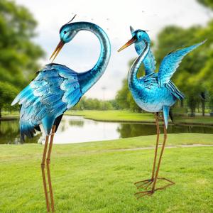 Garden Crane Statues for Outdoor Blue Heron Metal Birds Yard Art Ornaments for Backyard Pond Patio Porch Outside Decorations