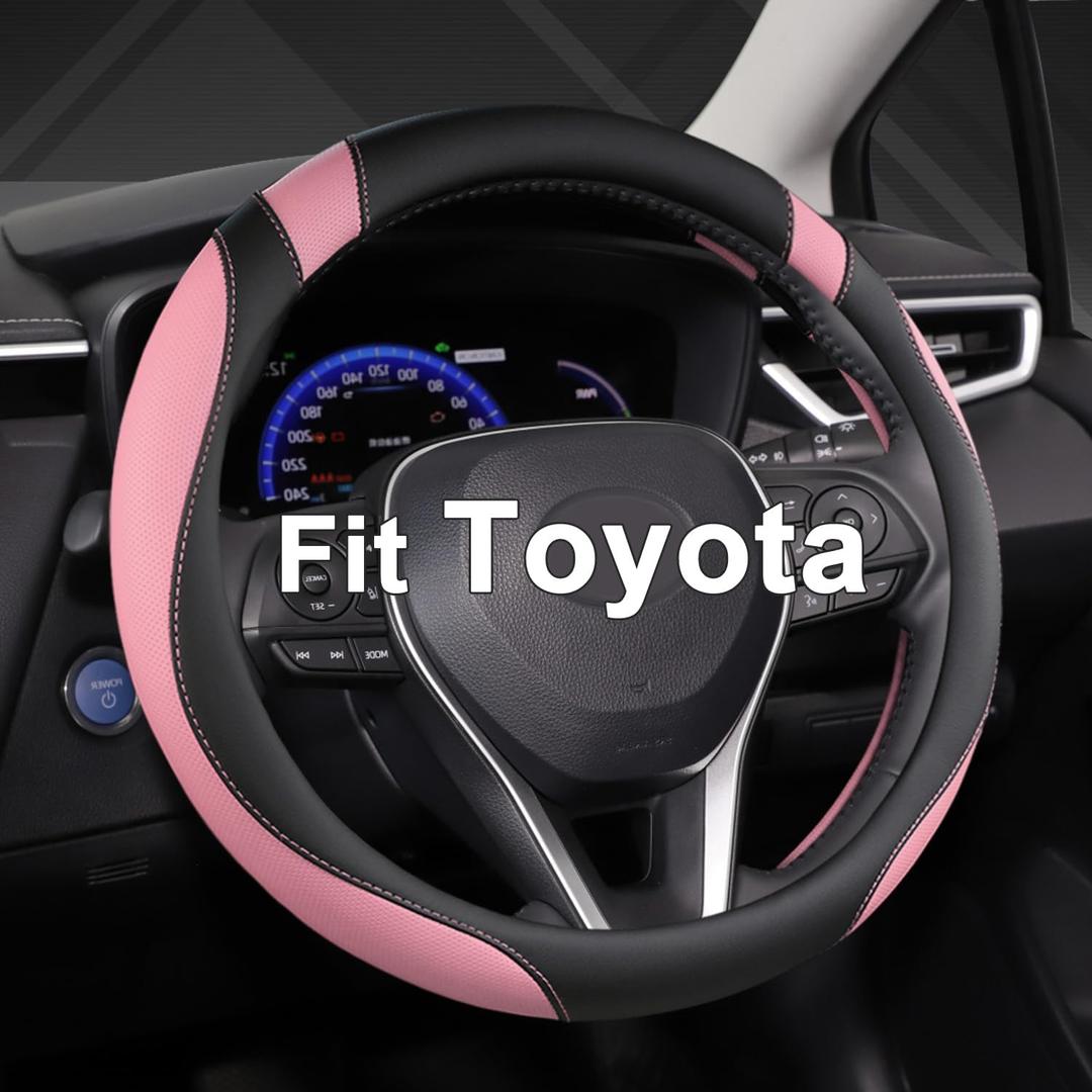 West Llama Customized Auto Car Steering Wheel Cover for Toyota Rav4 Corolla Camry Highlander (Black+Pink-Standard Size)