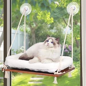 MCEAST Cat Window Perch Cat Hammock Window Bed with Fluffy Blanket 4 Strong Suction Cups Hanging Window Shelf Easy to Install Cat Window Seat for Small Medium Indoor Cats, Walnut Color
