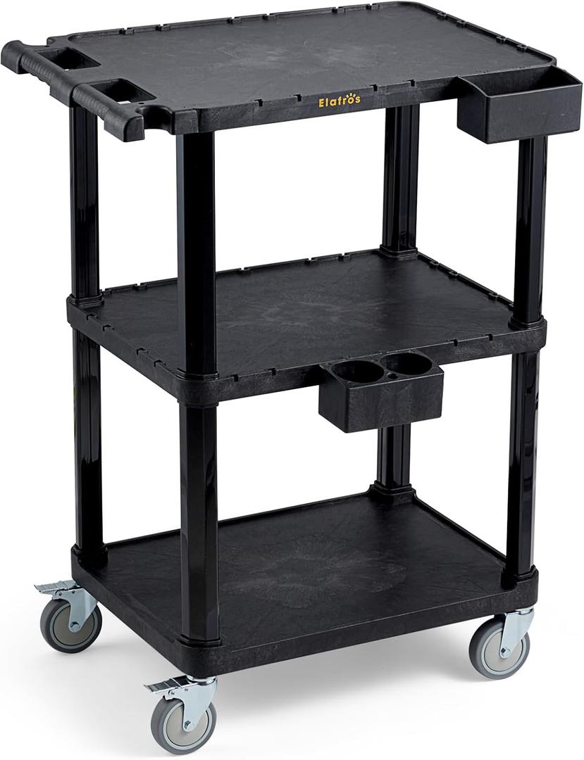 ELAFROS Heavy Duty Utility Cart, 27.5 x 18.25 Inch, 3-Tier Rolling Cart, Industrial Plastic, 330 lbs Capacity, Flat Top Shelves with Swivel Wheels - Multipurpose Work Cart