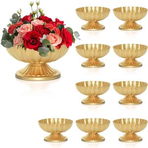 Gold Flower Vases for Centerpieces: Vintage Compote Bowl Vase for Wedding Gold Centerpieces for Table 4 Inch Small Pedestal Vase for Party Metal Urn Vases for Anniversary Home Set of 10
