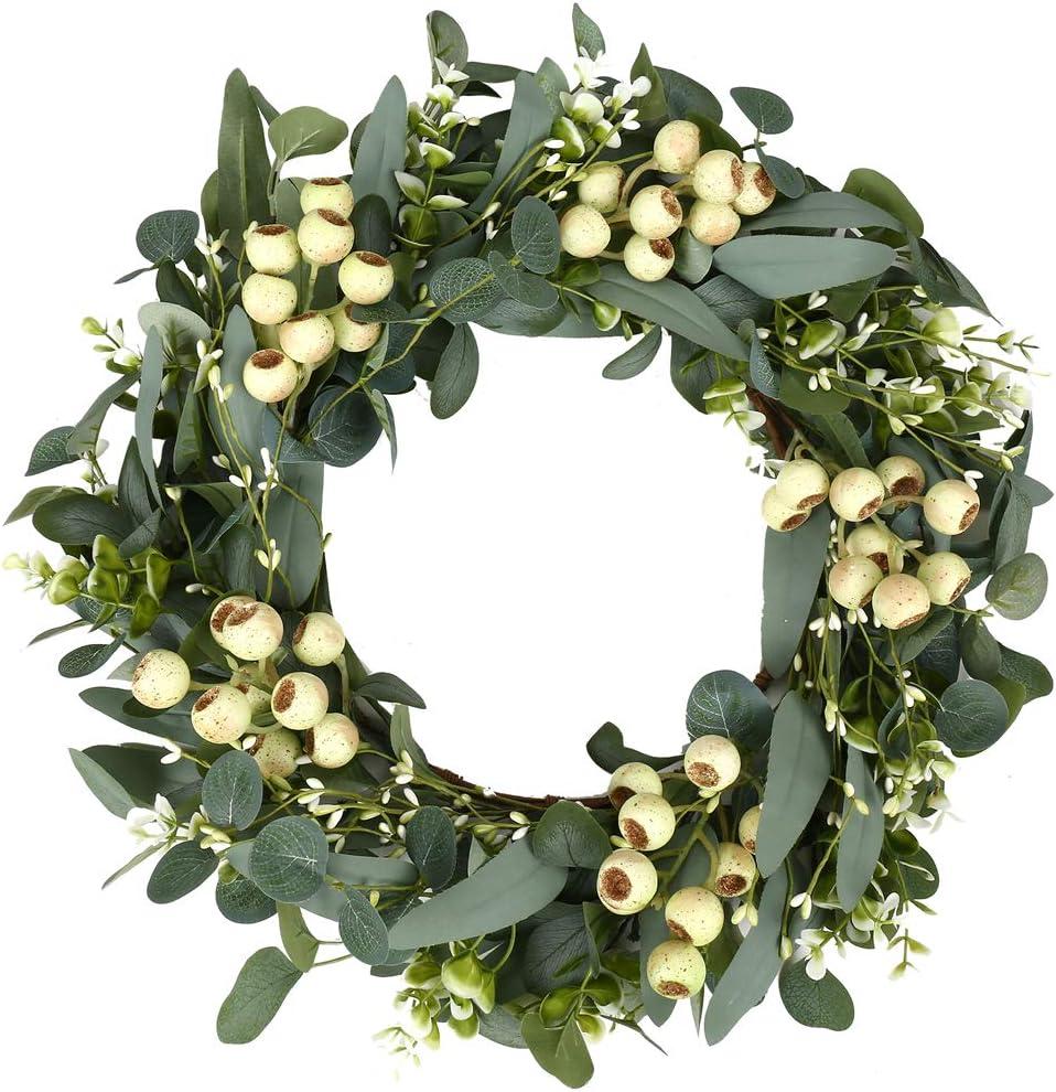 JINGHONG Eucalyptus Wreaths for Front Door 20 Inch Green Home Decor for Wall Porch Window Spring Summer Wreath with Big Berries for All Seasons Winter Christmas