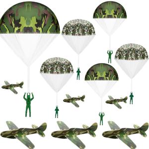 Jerify 10 Pcs Parachute Toys and 10 Pcs Camouflage Foam Airplanes Bulk Camo Parachute Army Men Toys and Foam Glider Flying Gifts