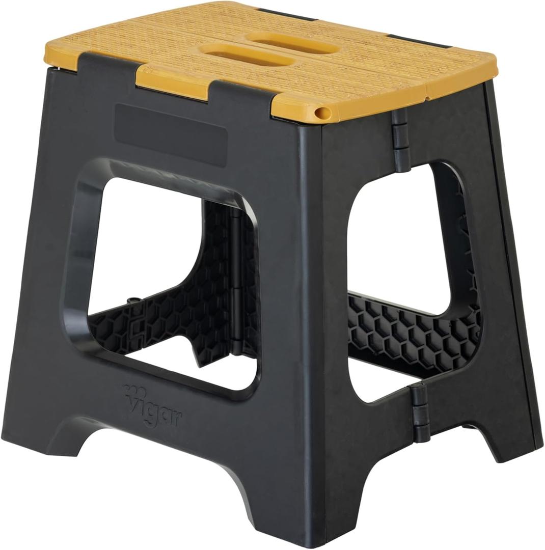 Vigar Compact Step Stool Foldable, 12-1/2-inch Step Stools for Adults up to 330 Pound, Lightweight Stool, Non-Slip Folding Step Stool, Black, Bamboo Print on Top