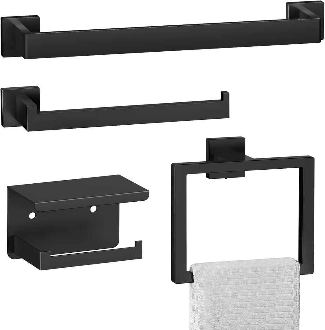 Bathroom Hardware Set  Modern Bathroom Accessory Set with Towel Racks for Bathroom, Towel Bar Set, Bathroom Accessories Set, Hooks, Toilet Paper Holder, Shelf, Towel Ring (4 Piece Matte Black)