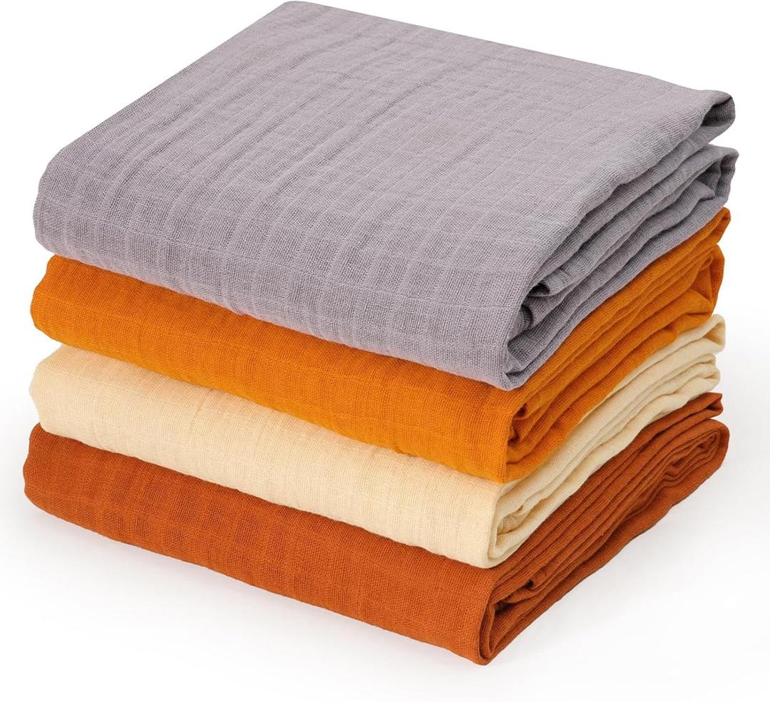 david's kids 4 Pack Baby Muslin Swaddle Blankets 47" x 47", 100% Cotton Swaddling Blankets Wrap for Boys Girls, Ultra Soft Breathable Receiving Blanket, New Born Essentials, Brown&Grey&Ginger&Beige