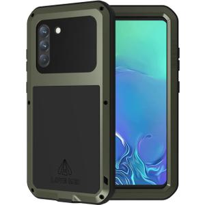 LOVE MEI Military Rugged Case for Samsung Galaxy S21 Fe, with Tempered Glass Screen Protector, Shockproof Dustproof Scratch Proof Hybrid Metal and Silicone Gel Heavy Duty Full Body Cover Green