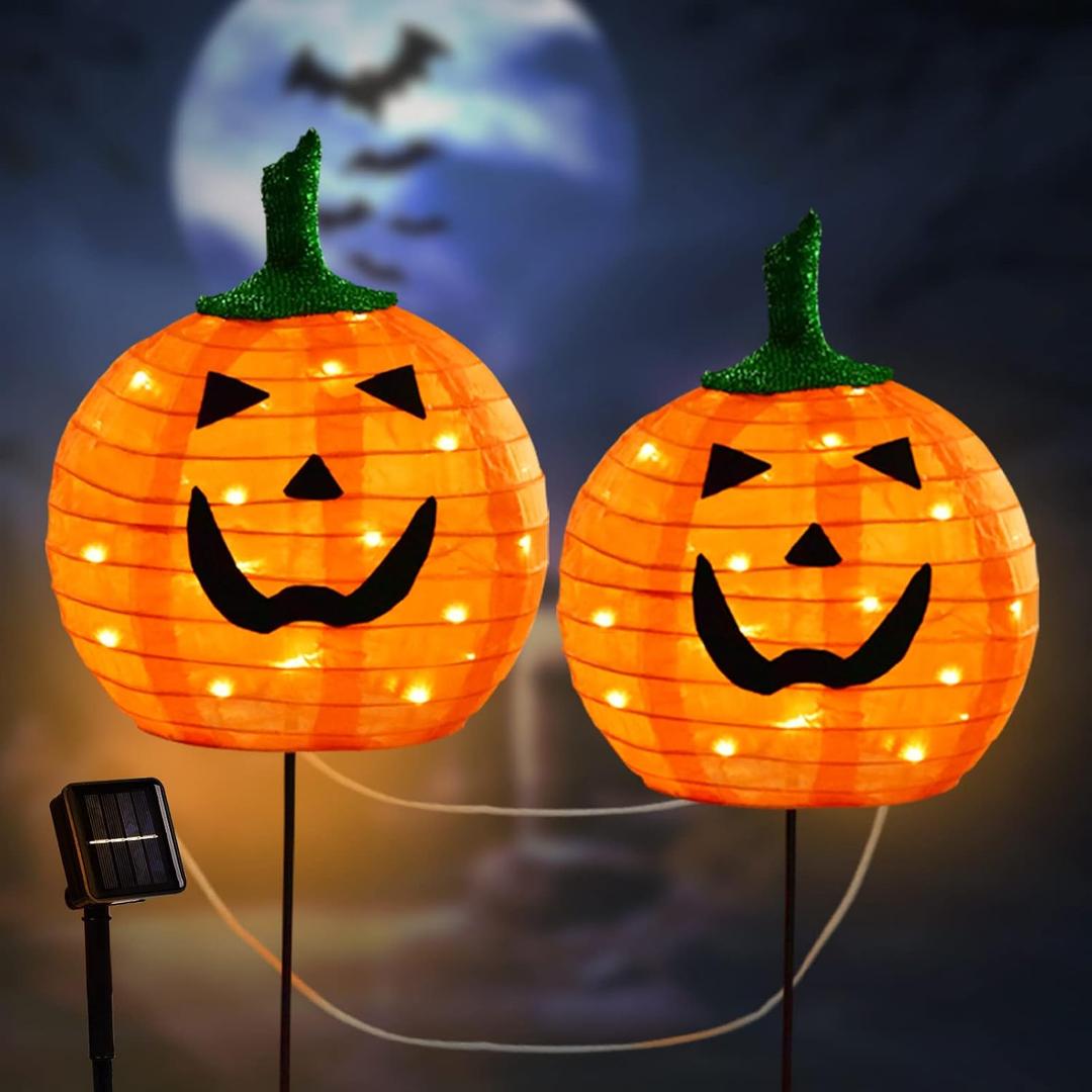 Halloween Large Pumpkin Pathway Lights, 2PCS 3D Pumpkin Stake Path Lights, Outdoor Pumpkin Shaped Pathway Garden Lights for Patio Yard Lawn Walkway Halloween Decor