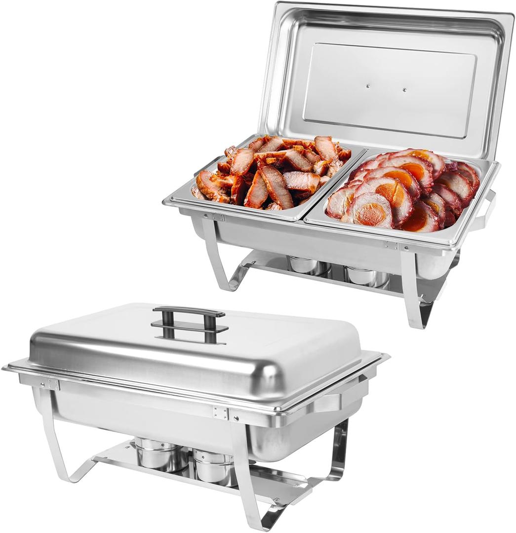 IMACONE Chafing Dish Buffet Set of 2, 8QT Stainless Steel Rectangular Chafers and Buffet Warmer Sets for Catering, Foldable Complete Set w/Half Size Food Pan, Lid, Fuel Holder for Event Party Holiday