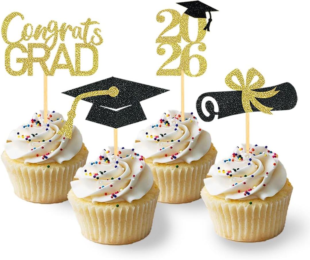 24Pcs Graduation Cupcake Toppers, Graduation Decorations Class of 2026 Cupcake Toppers (Black Gold)
