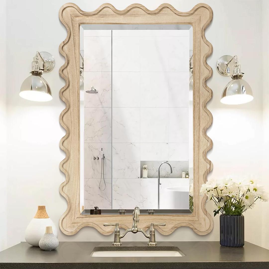 JJUUYOU Wood Mirror Large Rustic Wavy Mirror 28"x20" Decortaive Wall Mounted Mirror Horizontal or Vertical Hanging for Bathroom Bedroom Living Room Makeup