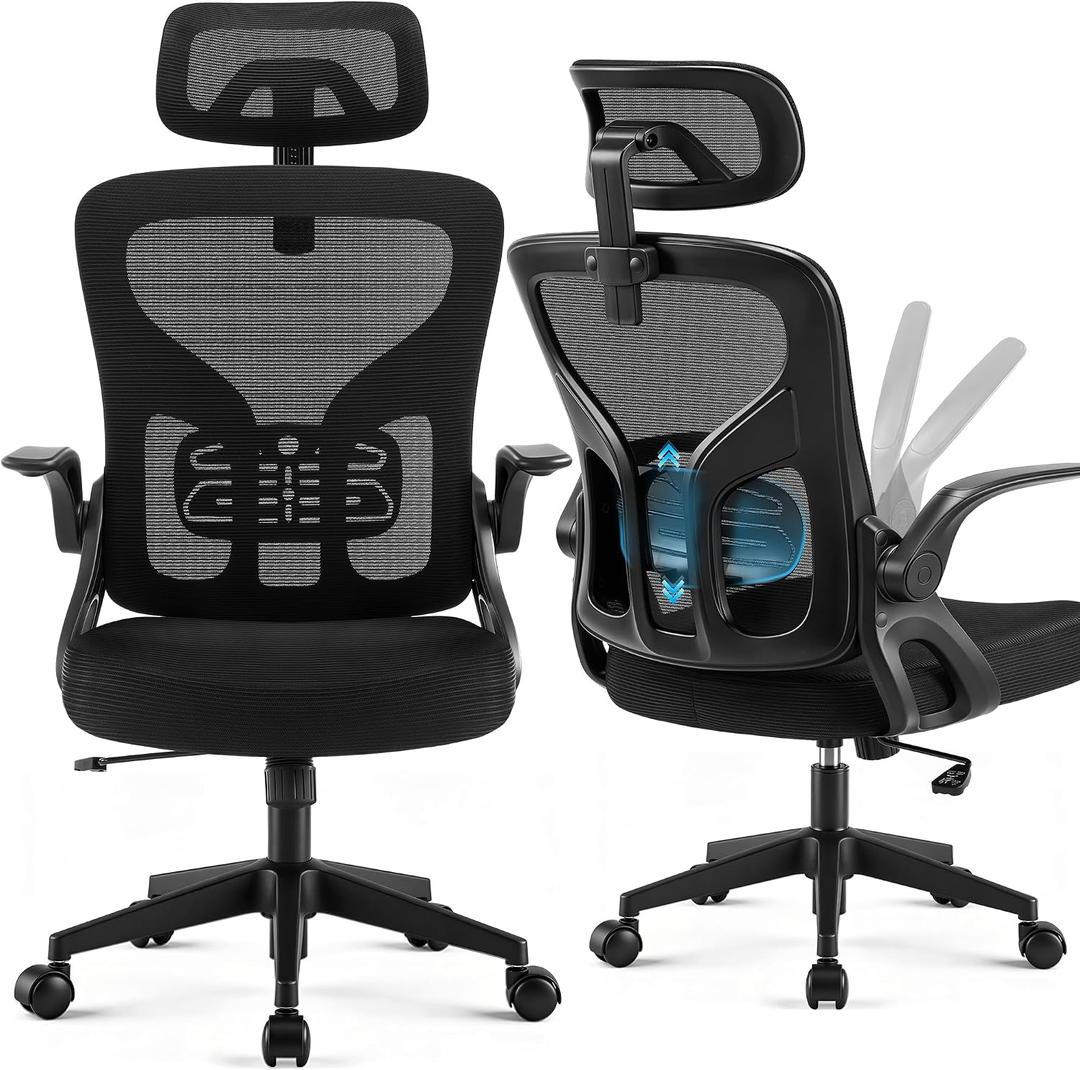 Office Chair Ergonomic Desk Chair with Adjustable Headrest Lumbar Support, High Back Breathable Mesh Chair with 120° Tilt & Flip-Up Armrests, Swivel Comfy Task Computer Chair for Work, Study