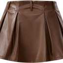 SweatyRocks Women's PU Leather A Line Mini Skirt Flared Hem Pleated Skirts with Shorts (Brown, S)