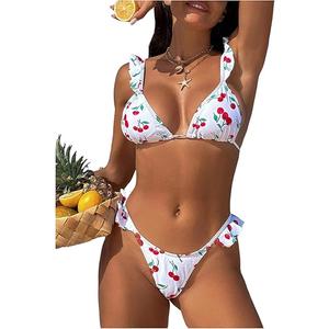 MakeMeChic Women's Cherry Print Bikini Set Triangle Ruffle Tie Back Thong Bathing Suit, Color: Red and White, S
