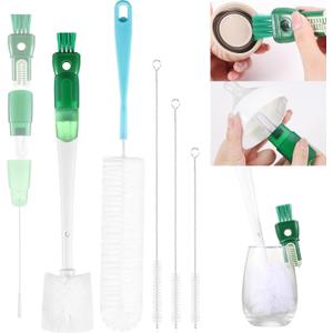 OUTXE 5 Pack Bottle Brush Set, 5-in-1 Water Bottle Cleaner Brush, 15"" Long Handle Bottle Cleaning Brush, 3 Straw Brush, Removable Nipple Brush, Detail Brush for Cup Lid Gap, WBBSBLB5