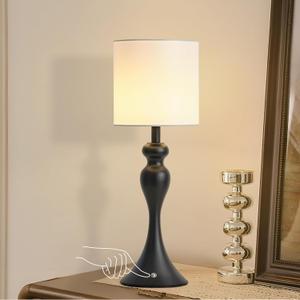 Table Lamp for Bedroom, Cordless Bedside Lamps for Living Room, Touch 3-Way Dimmable Desk Lamp for Night Stands, Rechargeable, Battery Operated Lamp with Fabric Shade for Dorm, Home Office (Black)