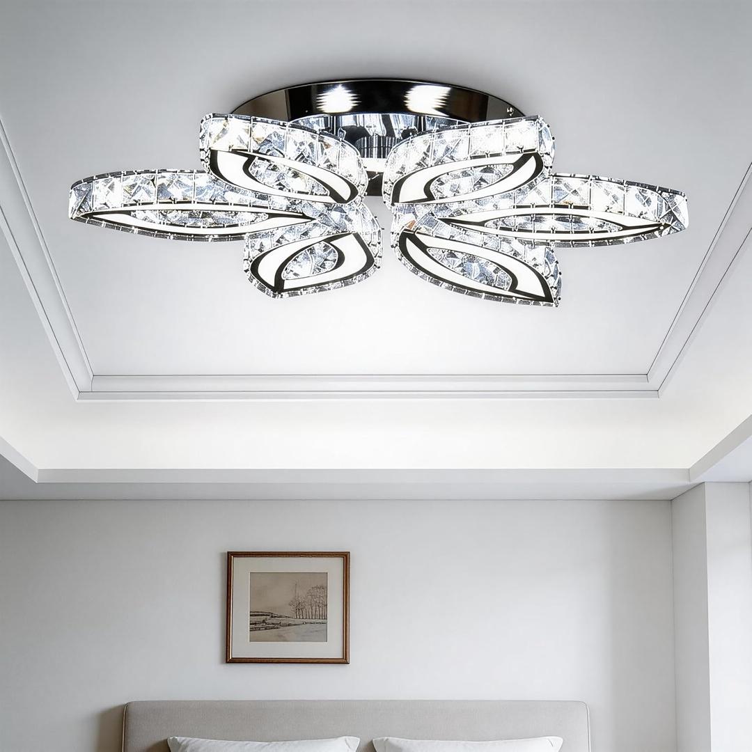 CLAIRDAI 20" Modern Crystal Chandelier, Flower Led Chandelier with K9 Crystal Acrylic, Cool White 6500K, 20" x 20" x 3.1" for Living Room