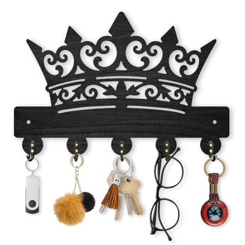 MAYJOYDIY Gorgeous Crown Wooden Key Holder King Queen Key Hanger for Wall 11.8×7.9 Inch Palace Decorative Wall Mount Coat Rack with 5 Alloy Hooks for Entryway Kitchen Office Bedroom Gift