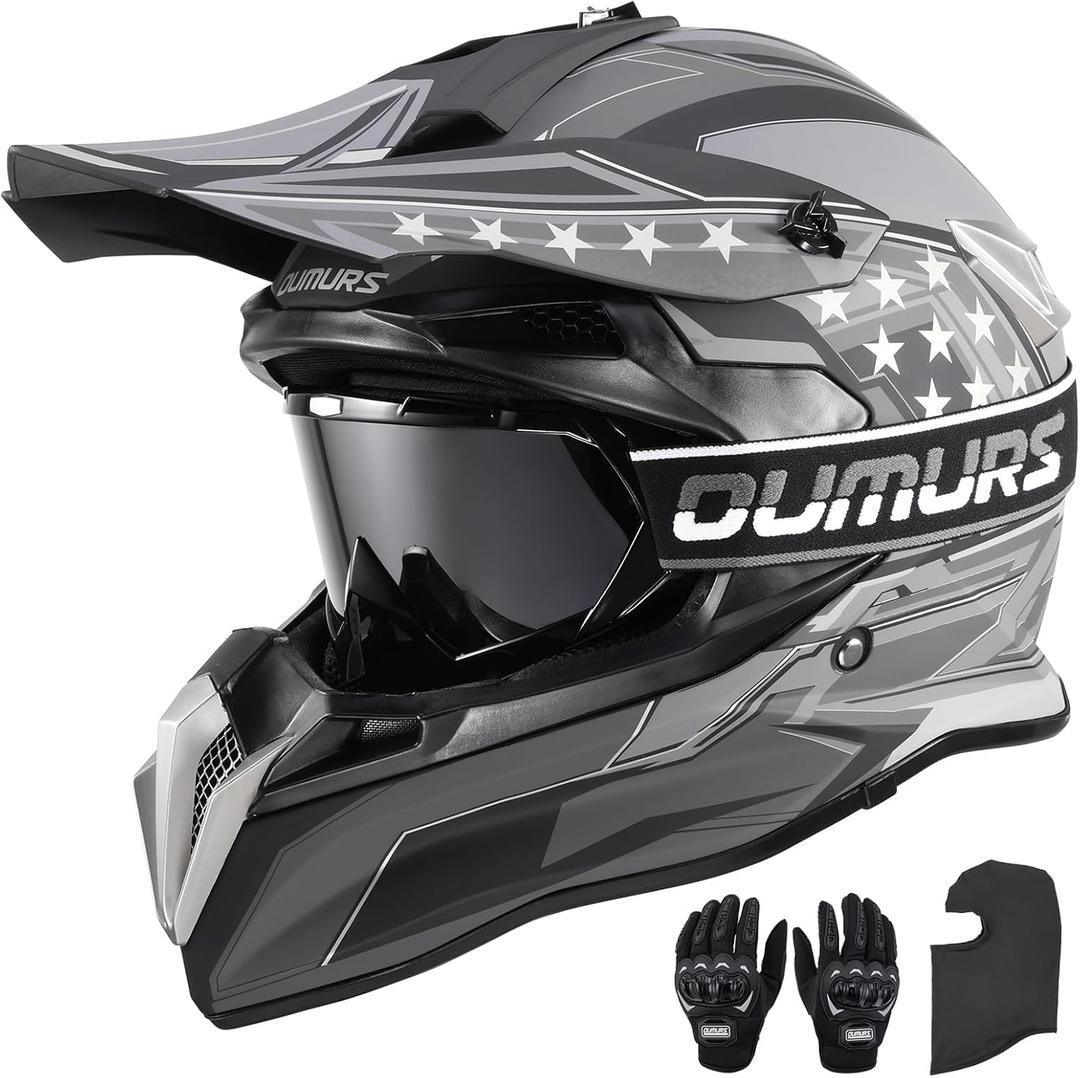 OUMURS DOT Adult Dirt Bike Helmet with Goggles Gloves & Mask Adjustable Sun Visor Motorcycle Adult ATV Helmet Off-Road Motocross Downhill Moped MX BMX for Unisex Adult-188-Black Star, M