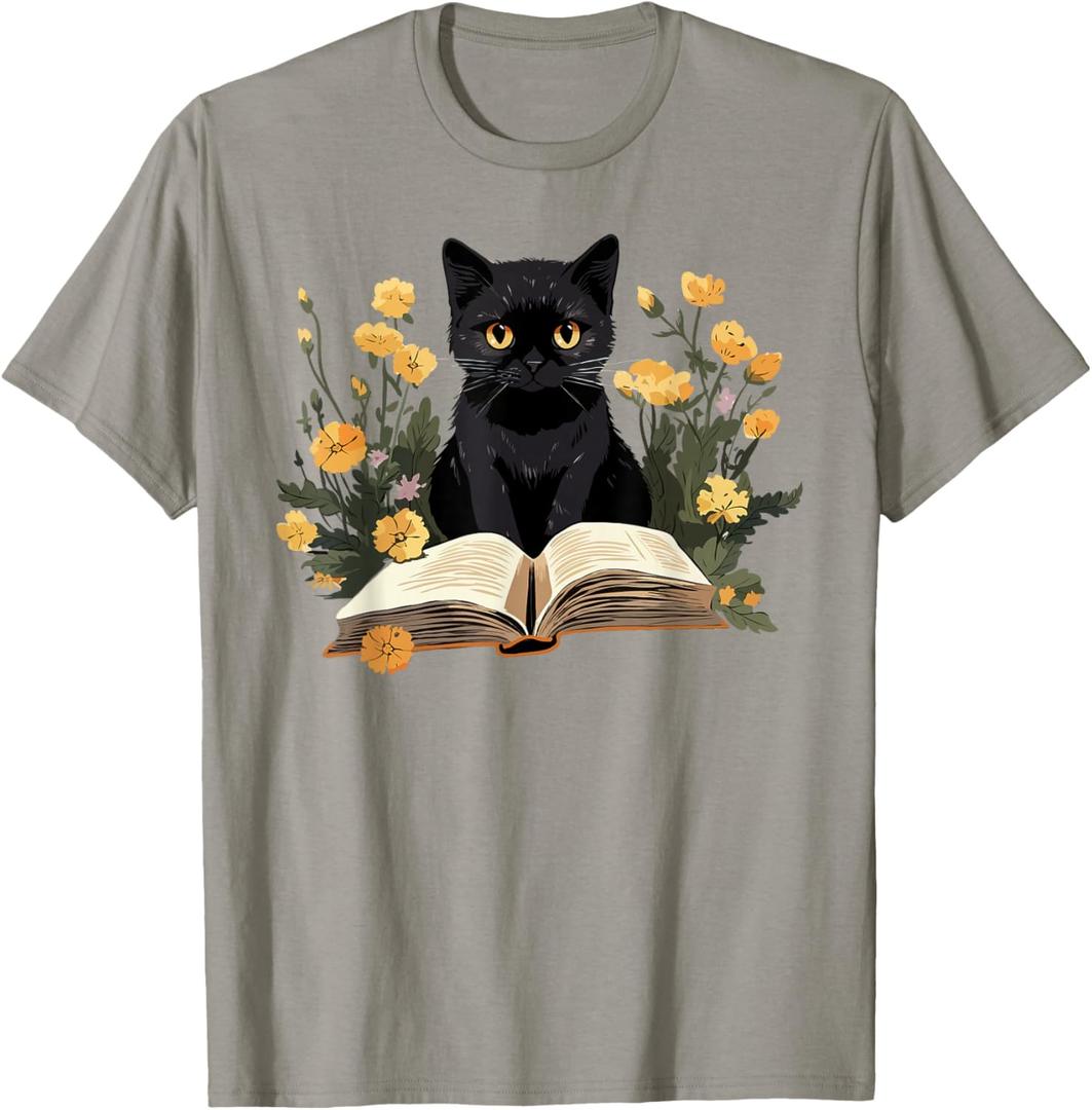 Cat Shirts for Women Book Lover Shirt Cute Cat and Book T-Shirt