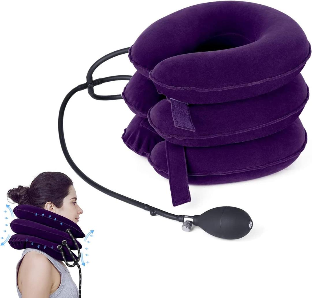 Cervical Traction Device for Neck Pain Relief, Adjustable & Inflatable Neck Stretcher Cervical Neck Pillow, Neck Traction Device Brace for Neck Decompression (Purple)