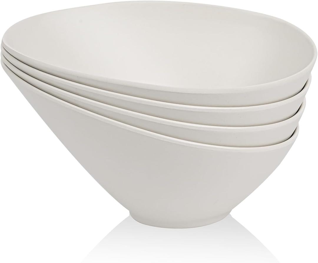 Bamboo Fiber Salad Bowls, 4 Packs Serving Bowls White, Compostable 33 Ounce Elegant White Angled Bowls for Salad, Pasta, Soup, Prep, Ideal for Home and Restaurant (White, 9.5Inch)
