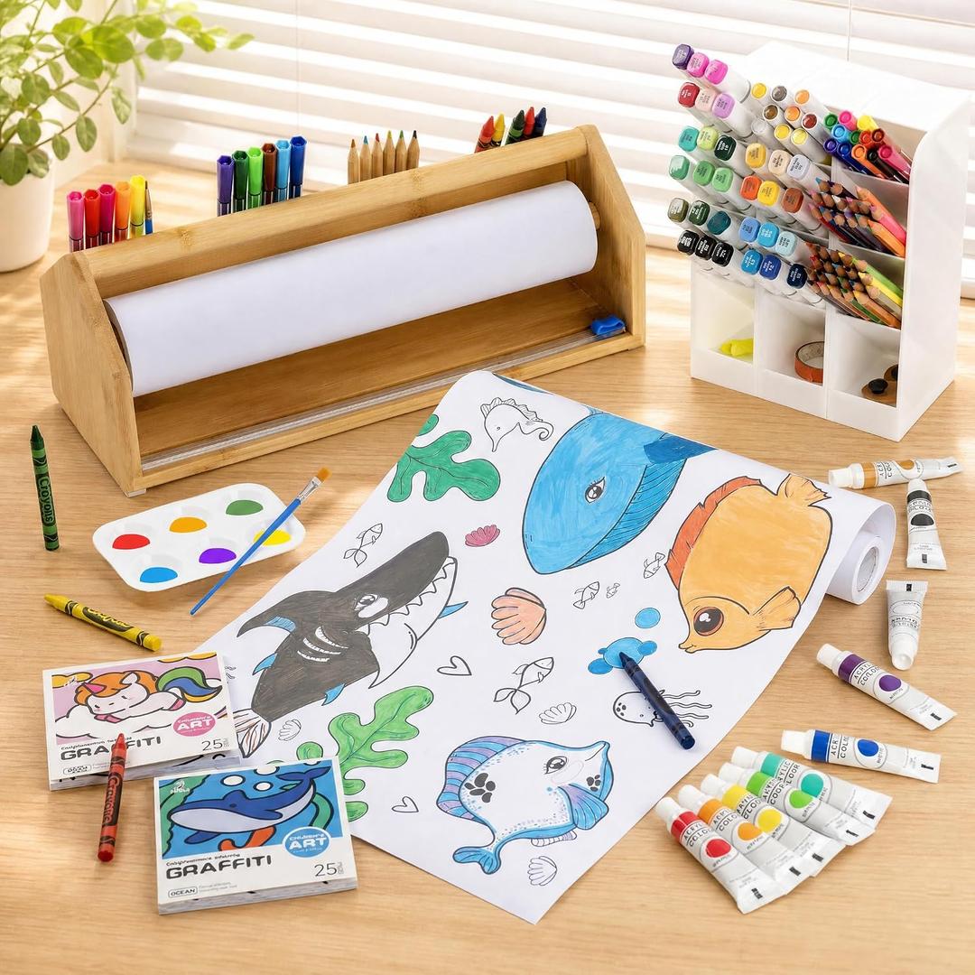 Wooden Tabletop Paper Roll Dispenser for Kids, Paper Roll Holder with Safe Sliding Cutter, Drawing Scroll and Art Supplies Set for Classroom Preschool