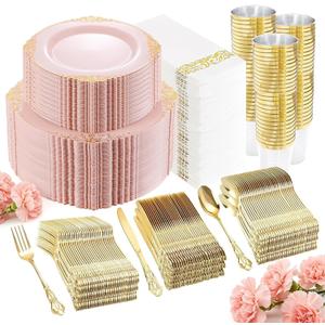 YOUBET 700PCS Pink Plastic Plates - Pink and Gold Plates - Luxury Pinks Dinnerware Set Include 200 Disposable Plates, 300 Heavy Duty Silverware, 100 Cups, 100 Napkins for Wedding Party Mothers Day