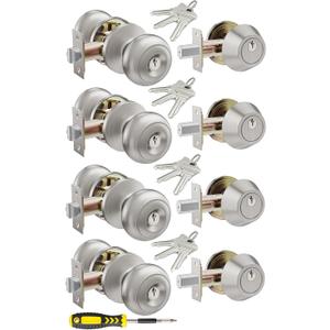 4 Set All Keyed Same Entry Door Knobs and Single Cylinder Deadbolt Combo Set for Entrance and Front Door, Keyed Alike Exterior Door Lock Set with Keys, Satin Nickel Deadbolt Lock and Door Knob Set